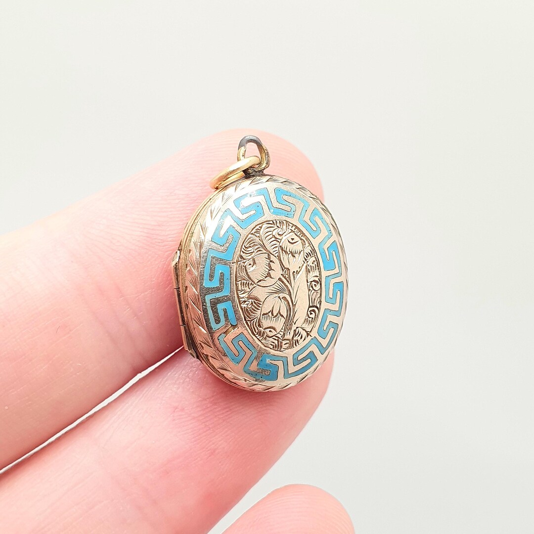 Antique Victorian 9ct 9k Gold Locket Greek Key Blue Enamel Necklace ...