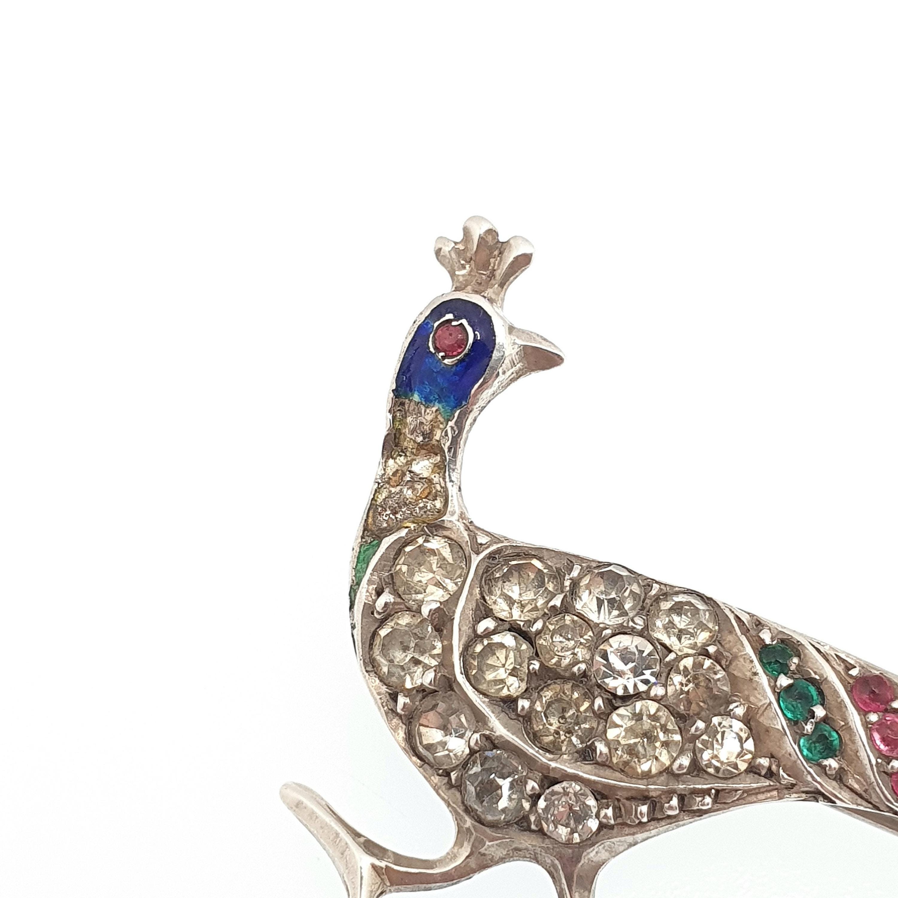 Broche Vintage Paon/oiseau à Strass Bleu Argenté - Élégante Et Scintillante, Occasion