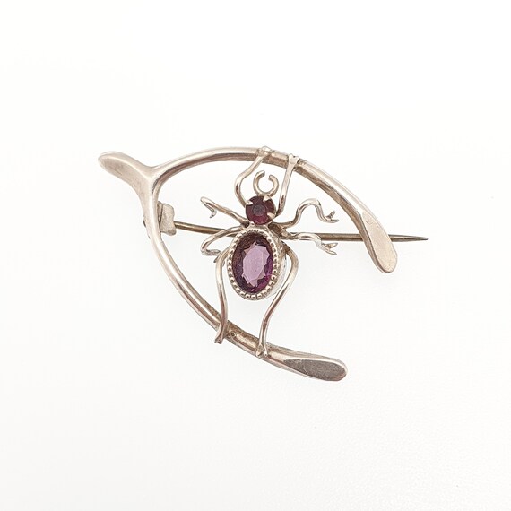 Antique Solid Silver Spider Brooch Wishbone Ameth… - image 3
