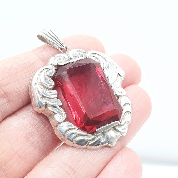 Old Vintage Solid Silver Ruby Paste Pendant Swedi… - image 1