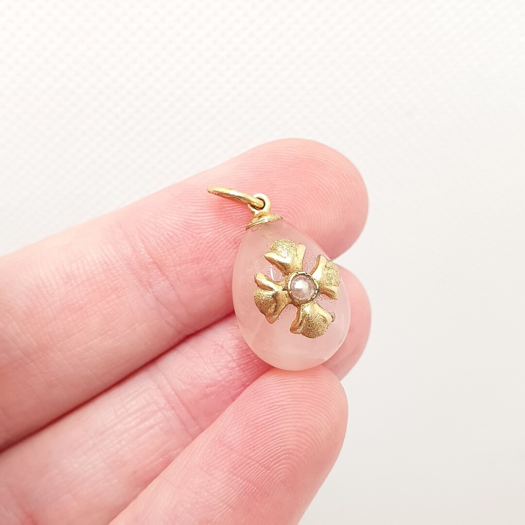 Antique 18ct 18k Gold Egg Pendant Rose Quartz Victorian Necklace Charm