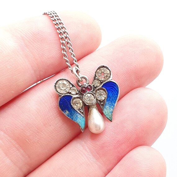 Antique Sterling Silver Enamel Butterfly Pendant … - image 4