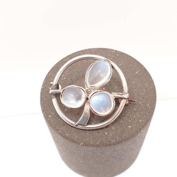 Antique Solid Silver Moonstone Clover Brooch Vict… - image 2