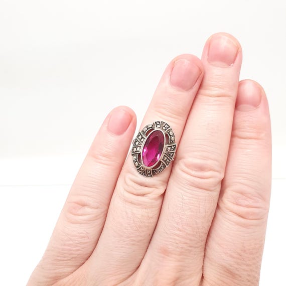 Antique Solid Silver Pink Paste Ring Marcasite Ar… - image 3