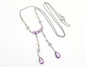 Antique Arts & Craft Sterling Silver Amethyst Necklace Lavalier Lariat Art Nouveau Freshwater Pearl Pendant Womens Jewelry Jewellery