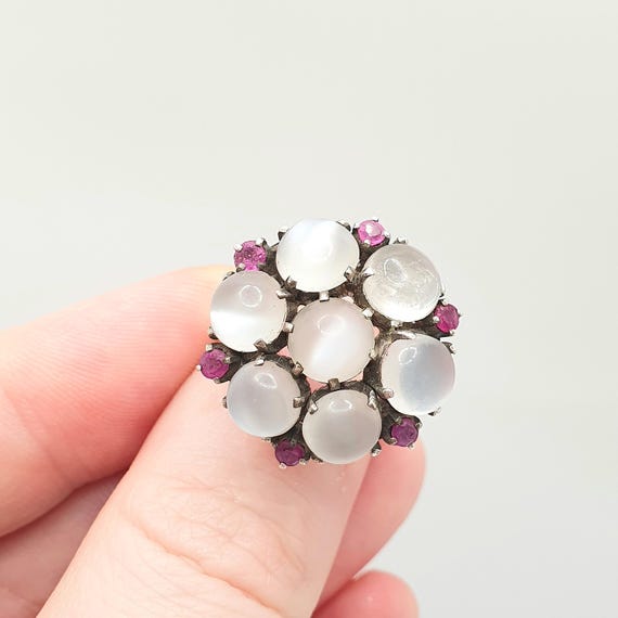 Antique Solid Silver Moonstone Ring Ruby Cluster … - image 5