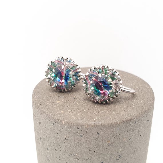 Antique Solid Silver Iris Rainbow Glass Earrings … - image 2