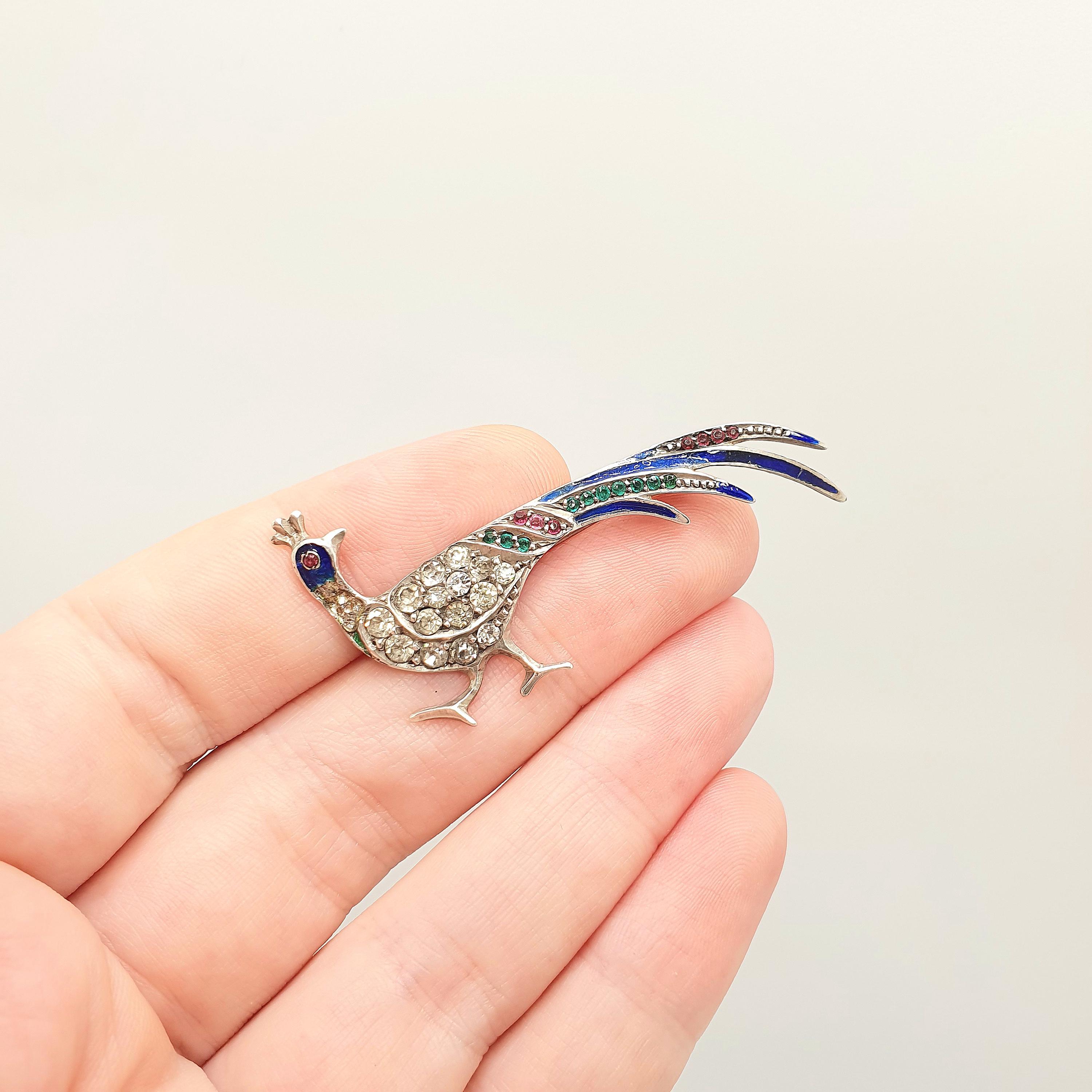 Broche Vintage Paon/oiseau Strass Bleu Argenté - Brillant Et élégant - Occasion Excellent état