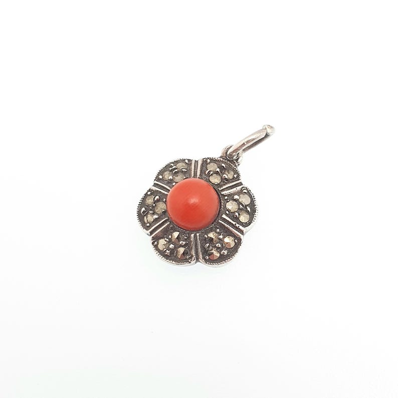 Antique Natural Coral Necklace Solid Silver Pendant Art Deco Flower