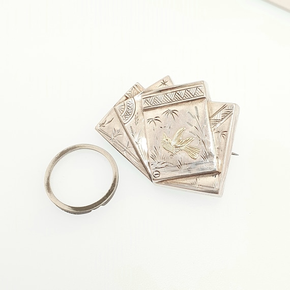 Antique Solid Silver Playing Card Brooch Bird Vic… - image 1