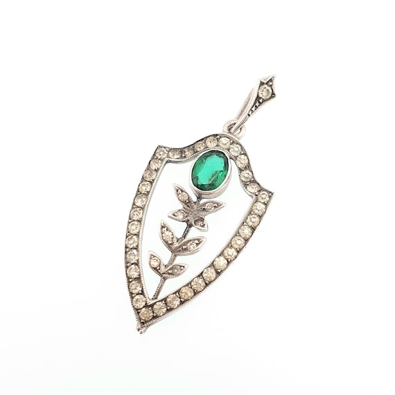 Antique Solid Silver Diamond Emerald Paste Neckla… - image 2