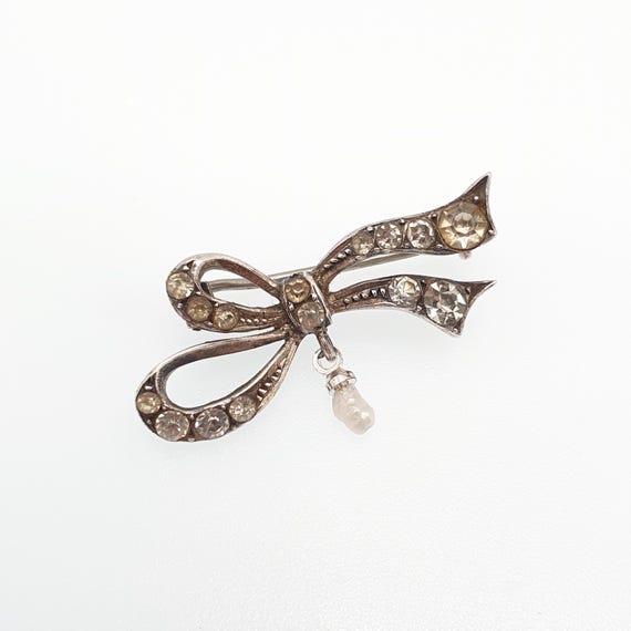 Antique Diamond Paste Solid Silver Bow Brooch Fre… - image 2