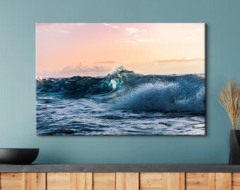 Blue Wave on Kauai, Hawaii at Sunset Canvas, Beach Home Decor, Colorful Nature Wall Art, Ocean Wall Art, Framed Wave Canvas, Modern Art