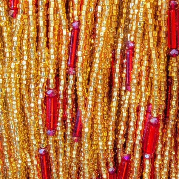 Gold & Red  Self tie waist beads (plus size 50inches)