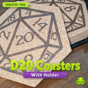 May include: Cork D20 coasters with a holder. Each coaster features a dark brown geometric design with numbers. The text "D20 Coasters With Holder" is displayed in green and purple. The coasters are designed for tabletop use.