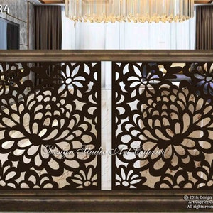 May include: A decorative metal railing with a floral design. The railing is made of dark brown metal and features a repeating pattern of flowers and leaves. The railing is shown in a home setting.