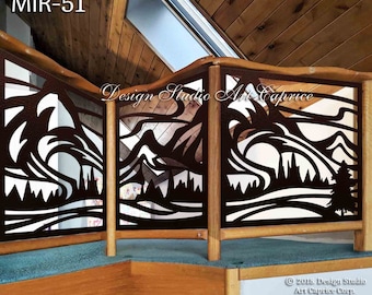 May include: A metal railing panel featuring a dark brown, laser-cut mountain and forest landscape design. The panel is framed by light-colored wooden posts and rails. Text visible on the image includes MIR-51, Design Studio Art Caprice, and 2018 Design Studio Art Caprice Corp. All rights reserved.