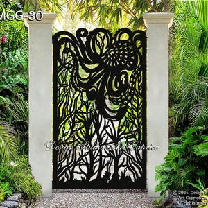 May include: Black metal gate with a cut-out design of an octopus and seaweed. The gate is framed by two white pillars. The text "MGG-30" is visible at the top of the image. The text "Design Studio Art Caprice" is visible at the bottom of the image.