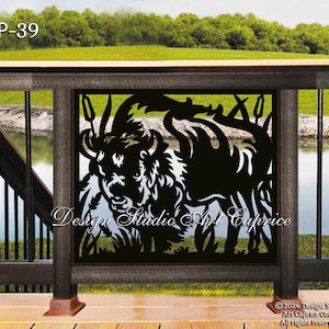 May include: Black metal silhouette of a bison in a grassy field, framed in a wooden square. The design is labeled "DP-39" and "Design Studio Art Caprice".