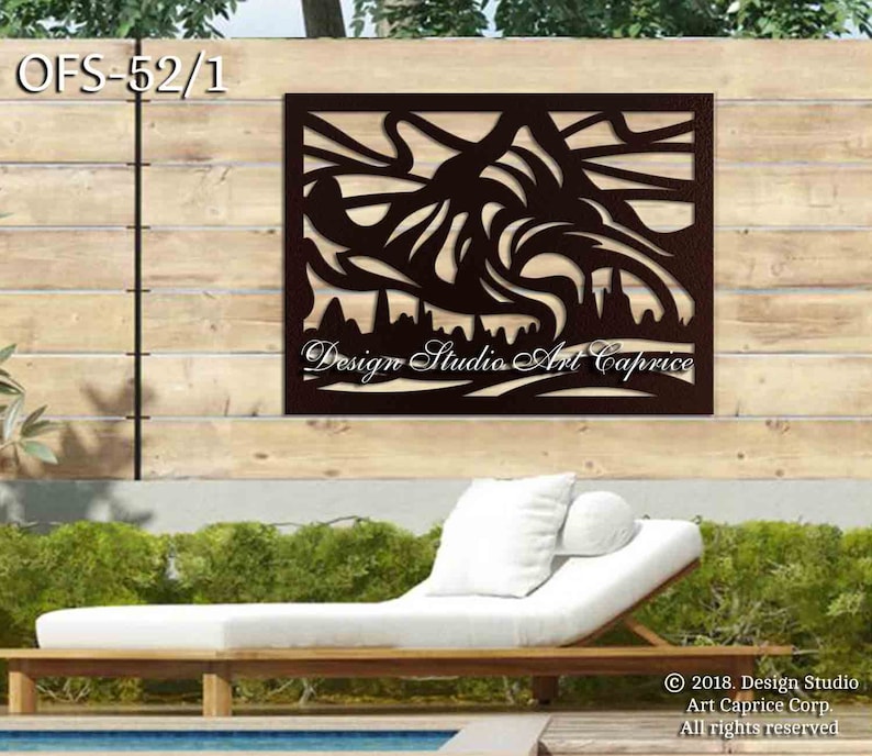 Metal Privacy Screen | Fence | Decorative Panel | Wall Art | Mountains | Outdoor or Indoor (52) Steel no moon 36x27 inches