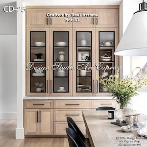 May include: A light wood cabinetry unit featuring four upper glass-front cabinets with black frames and hardware, positioned above lower drawers and cupboards. The unit displays various white ceramic dishes and bowls behind the glass doors.