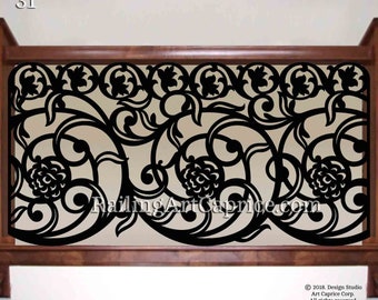 May include: A black metal railing panel featuring an intricate laser-cut design of repeating circular floral motifs and scrolling vines. The panel displays the text RailingArtCaprice.com across the center and the number 31 in the top left corner.