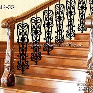 May include: A wooden staircase with ornate black metal balusters featuring intricate scrollwork and floral motifs. The text MIR-33 appears in the top left corner, while Design Studio Art Caprice is centered, and copyright text is in the bottom right.