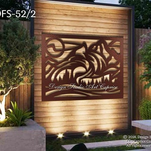 Metal Privacy Screen | Fence | Decorative Panel | Wall Art | Mountains | Outdoor or Indoor (52) Steel with moon36x27 inches