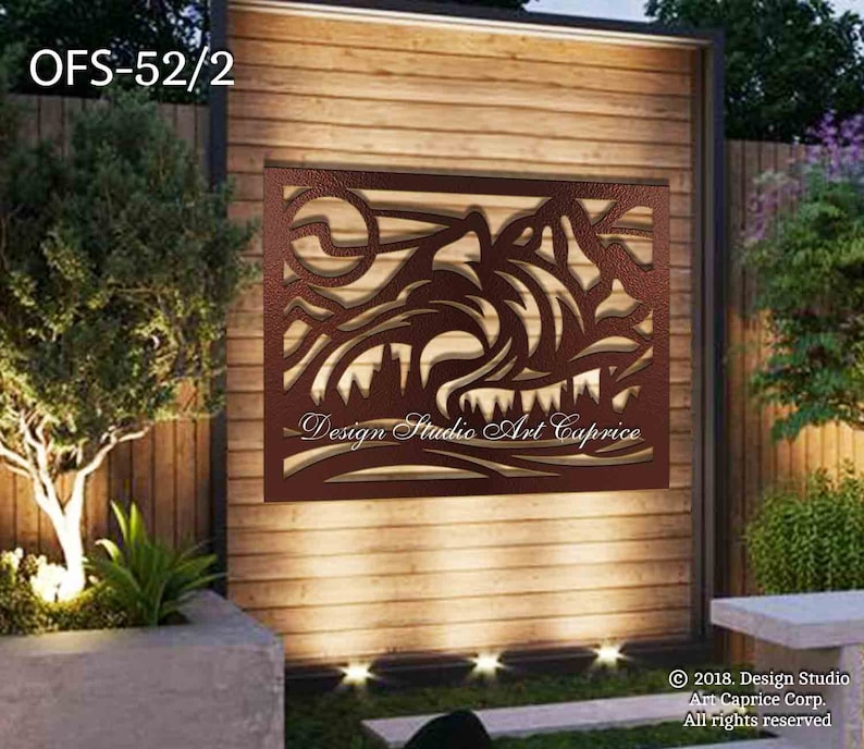 Metal Privacy Screen | Fence | Decorative Panel | Wall Art | Mountains | Outdoor or Indoor (52) Steel with moon36x27 inches
