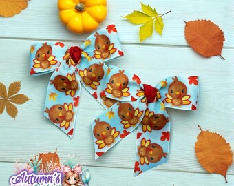 Turkey Ribbon Hair Bows | Thanksgiving Pigtail Clips