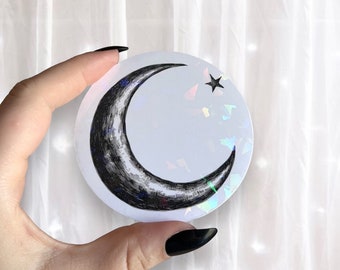 Crescent Moon Star Sticker  Spooky Astrology Night Sky Holographic Meme Kindle Laptop Notebook