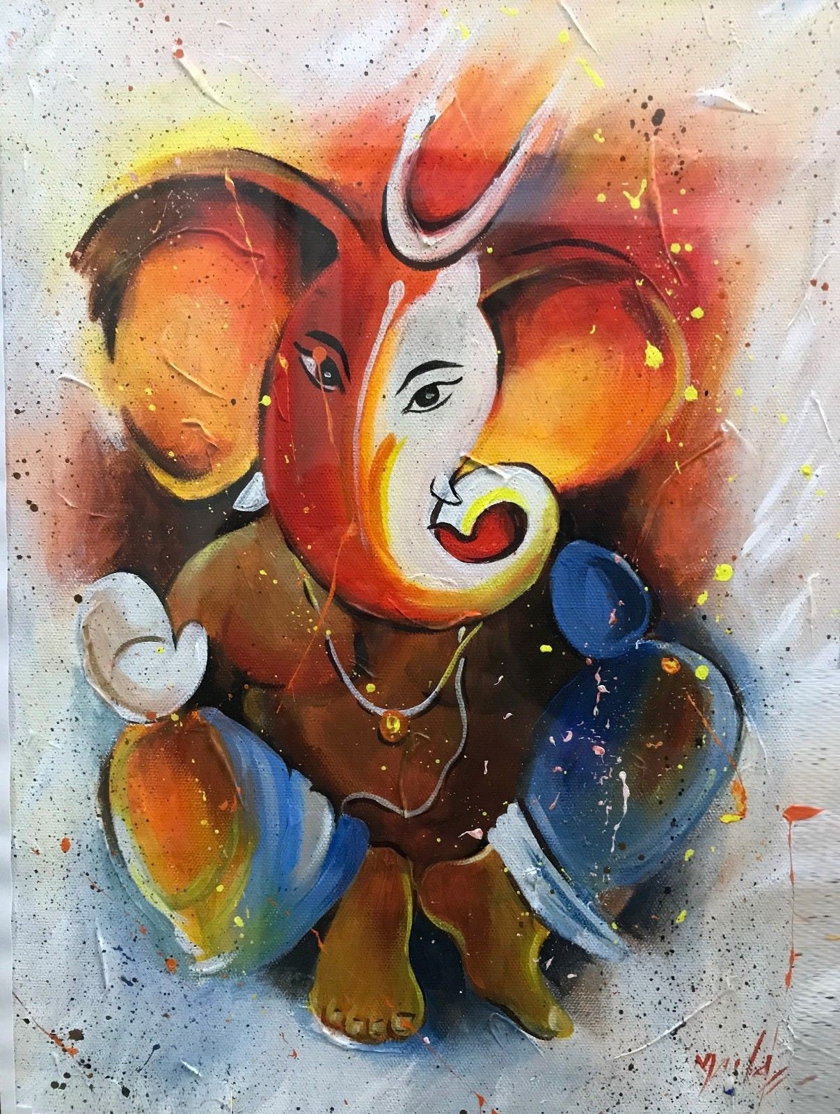 Hinduism Deity Ganesha Vinayak Painting Signed India Arts