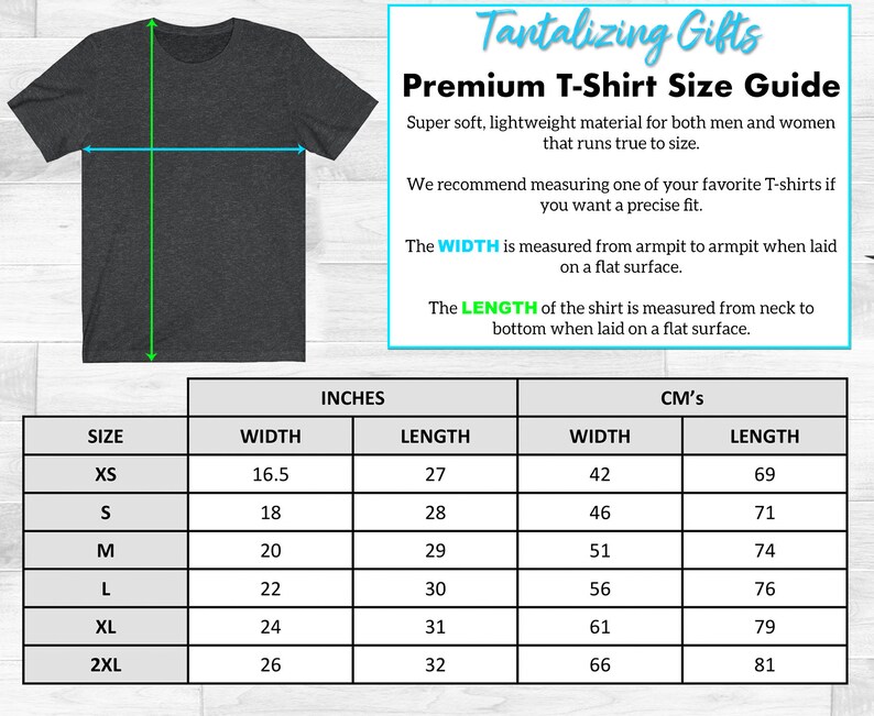 Puede incluir: Una tabla de tallas para camisetas, que muestra las medidas en pulgadas y cent&iacute;metros. La tabla incluye las tallas XS, S, M, L, XL y 2XL. La tabla muestra el ancho y la longitud de cada talla.