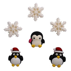May include: Five Christmas-themed embellishments, including three white glitter snowflakes and two penguins wearing Santa hats. The penguins are black and white with red and pink accents.