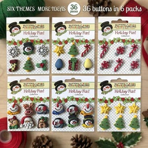 May include: Six retail cards containing 36 holiday-themed buttons in total. Each card features a snowman logo and the text 'Holiday Fun! Collection'. The buttons include shapes of snowmen, Christmas trees, candy canes, stars, and gifts.