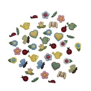 Garden Theme Decorative Buttons, 50-Pack, Spring Designs with Flowers, Ladybugs, Butterflies, 3D Shank Style for Crafts