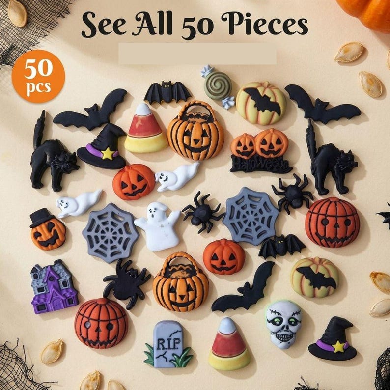 Halloween Novelty Buttons – 50+ Craft Assortment, Pumpkins, Bats ...