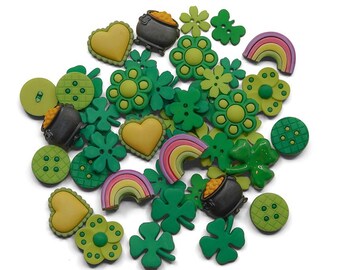 St. Patrick's Day Button Assortment – 50 Piece Novelty Buttons for Crafts & Sewing – Shamrock, Rainbow, Pot of Gold, and Green Heart Designs