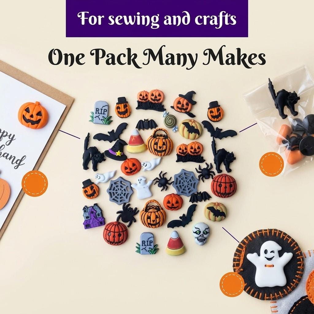 Halloween Novelty Buttons – 50+ Craft Assortment, Pumpkins, Bats ...