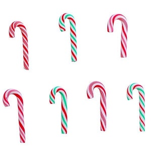 May include: Seven candy canes with red and white or green and white stripes are arranged on a white background. The curved shape and festive colors suggest a holiday theme, perfect for Christmas.