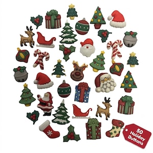 May include: A collection of 50 holiday-themed buttons in various shapes and colors. The buttons include Christmas trees, Santa Claus, reindeer, gift boxes, sleighs, and holly. A red tag reads "50 Holiday Buttons."