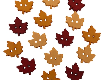 May include: Assortment of 14 maple leaf buttons in three colors: red, orange, and yellow. The buttons are two-holed and have a flat back.