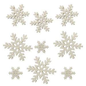 May include: Nine white snowflake ornaments of varying sizes. The snowflakes are all made of a smooth, white material and have a delicate, intricate design.
