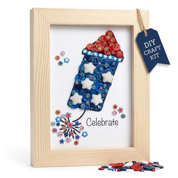DIY Patriotic Firecracker Frame Kit 5x7 Button Art Craft Red White Blue Gems Wooden Summer USA Decor