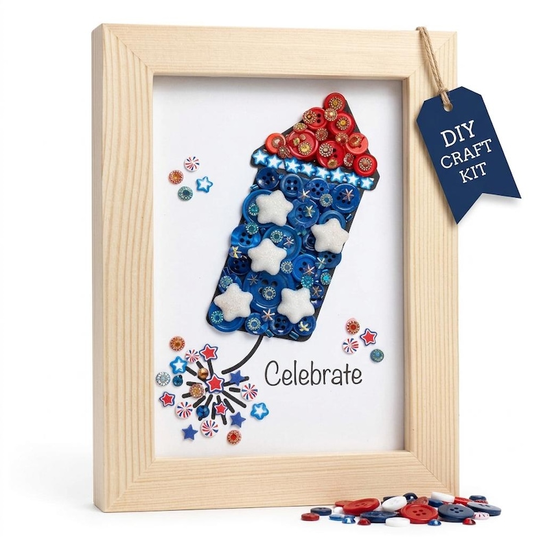 May include: A framed DIY craft kit featuring a firework design made of red, white, and blue buttons and star embellishments. The word "Celebrate" is written below the firework. A blue tag with "DIY CRAFT KIT" hangs from the frame.