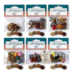 May include: A collection of pet-themed buttons in clear plastic bags. The buttons feature dog and cat paw prints, along with various dog breeds and pet-related accessories. Each package is labeled with the "Buttons Galore & More" logo.