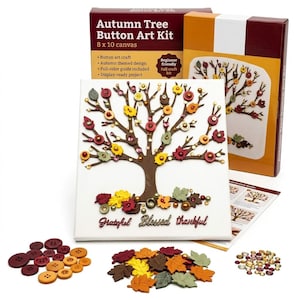 May include: An Autumn Tree Button Art Kit with an 8 x 10 inch canvas. The kit includes a canvas with a tree design made of buttons, leaves, and gems. The words "Grateful Blessed thankful" are written on the canvas. The kit also includes a full-color guide.