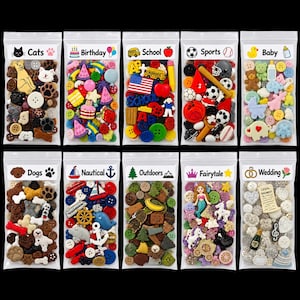 May include: Ten clear plastic bags filled with assorted decorative buttons, each labeled with themes including Cats, Birthday, School, Sports, Baby, Dogs, Nautical, Outdoors, Fairytale, and Wedding, featuring various shapes and colors.