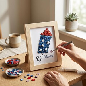 May include: A framed artwork featuring a firework design made from red, white, and blue buttons. The word "Celebrate" is written below the firework. Small dishes of buttons and a mug are on the table.