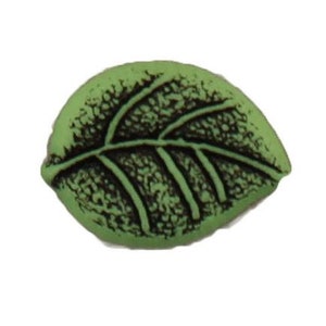 May include: A green leaf button with a detailed black vein pattern.